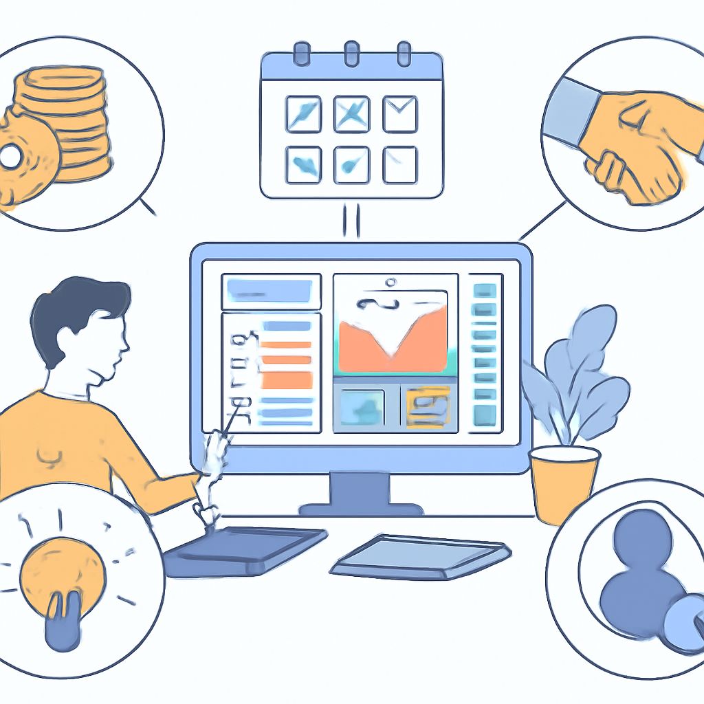 A person in an orange shirt interacts with a computer displaying design elements, surrounded by icons of money, calendar