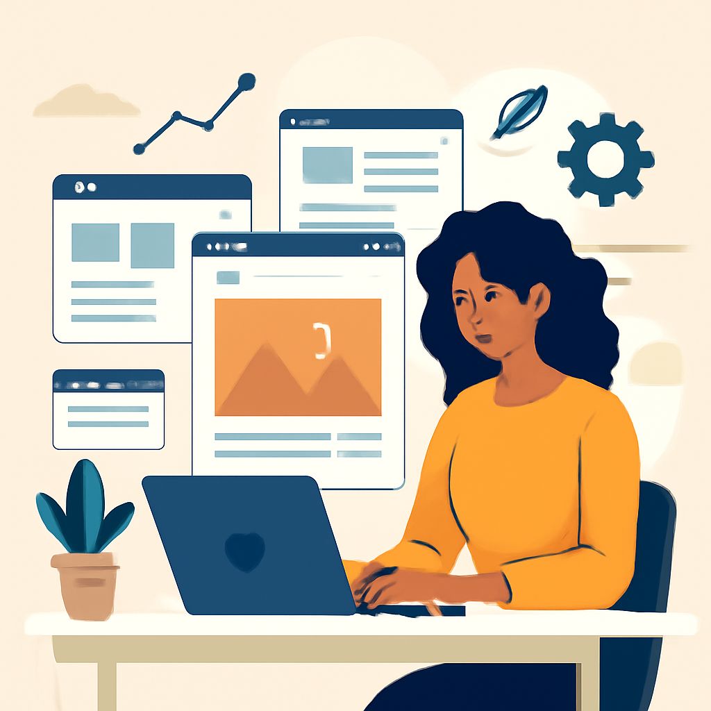 A woman with curly hair types on a laptop surrounded by floating web design elements and a small potted plant.