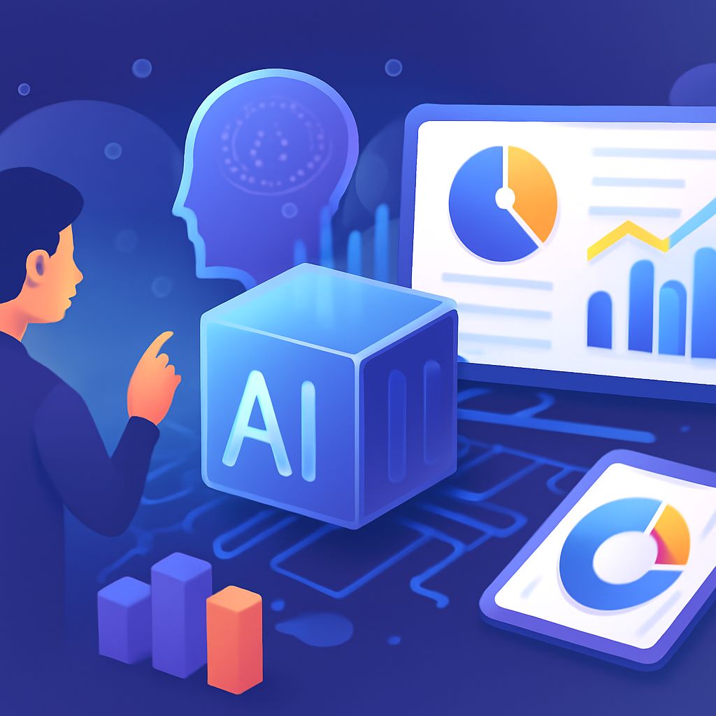 A person analyzes data visualizations on screens, with an AI block and graphs in a tech-themed environment.