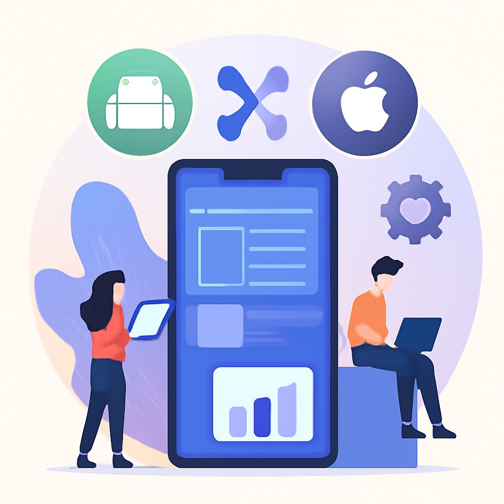 Two people interact with devices in front of a large smartphone displaying app analytics, surrounded by app icons.