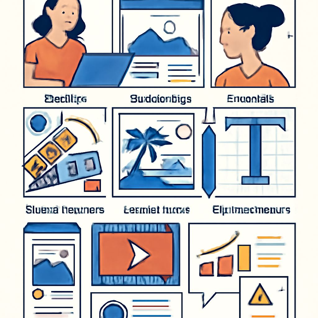 Two women in orange shirts are discussing graphic design concepts, surrounded by colorful design elements and tools.