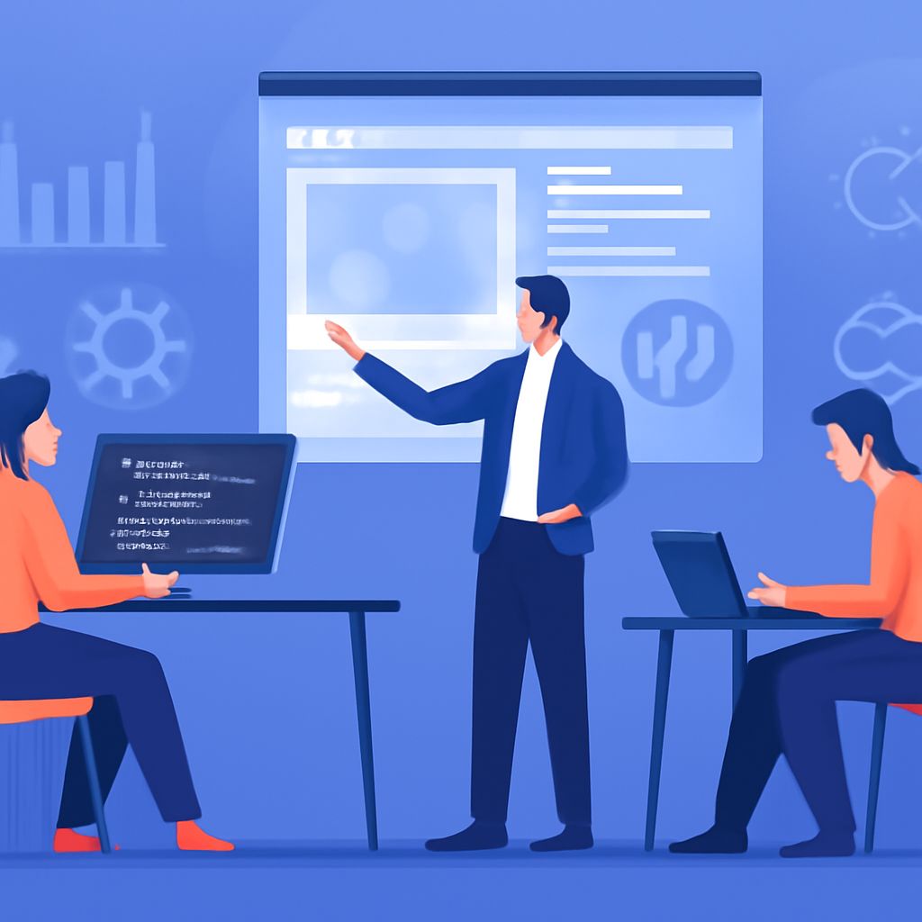 A man in a suit gestures towards a presentation screen while two colleagues work on laptops at a conference table.