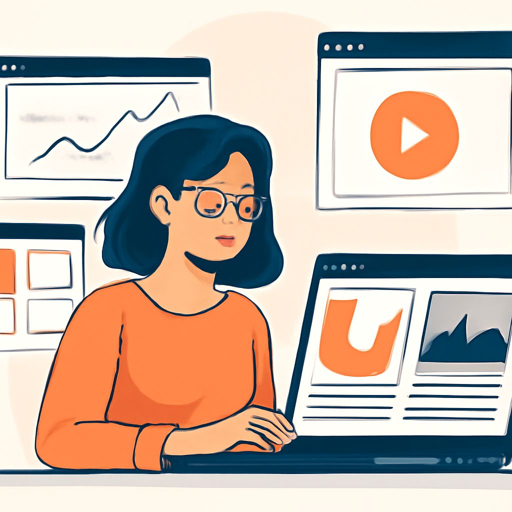 A woman in an orange sweater works on a laptop, surrounded by various colorful graphs and video icons on screens.