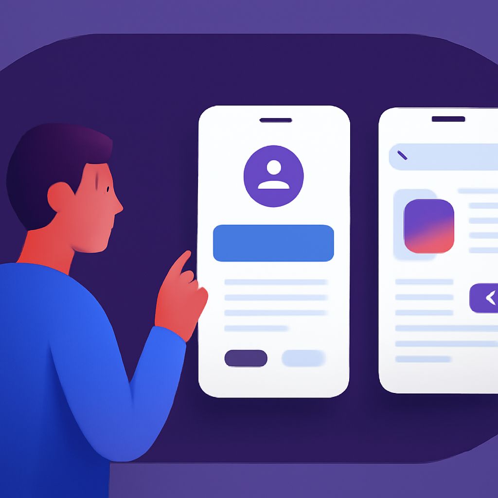A person interacts with two mobile app interfaces, one displaying a user profile and the other showcasing an app feature