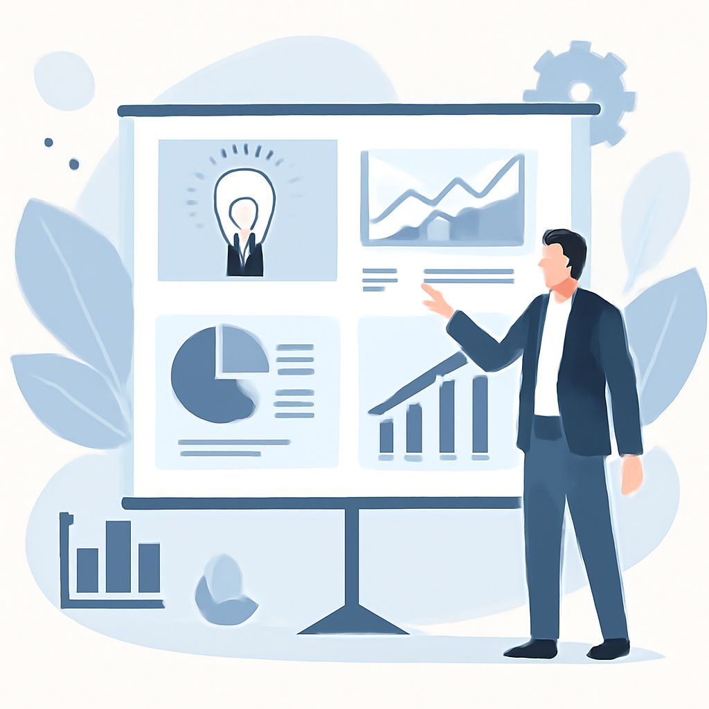 A man in a suit points at a presentation board displaying graphs, charts, and an illustration of a light bulb.