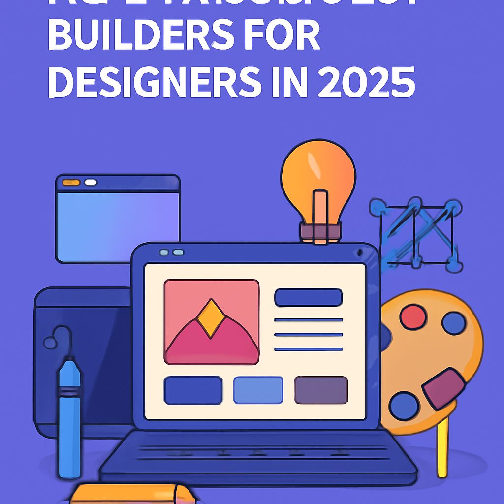 A colorful illustration featuring a laptop displaying a portfolio, surrounded by design tools like a light bulb, paint p