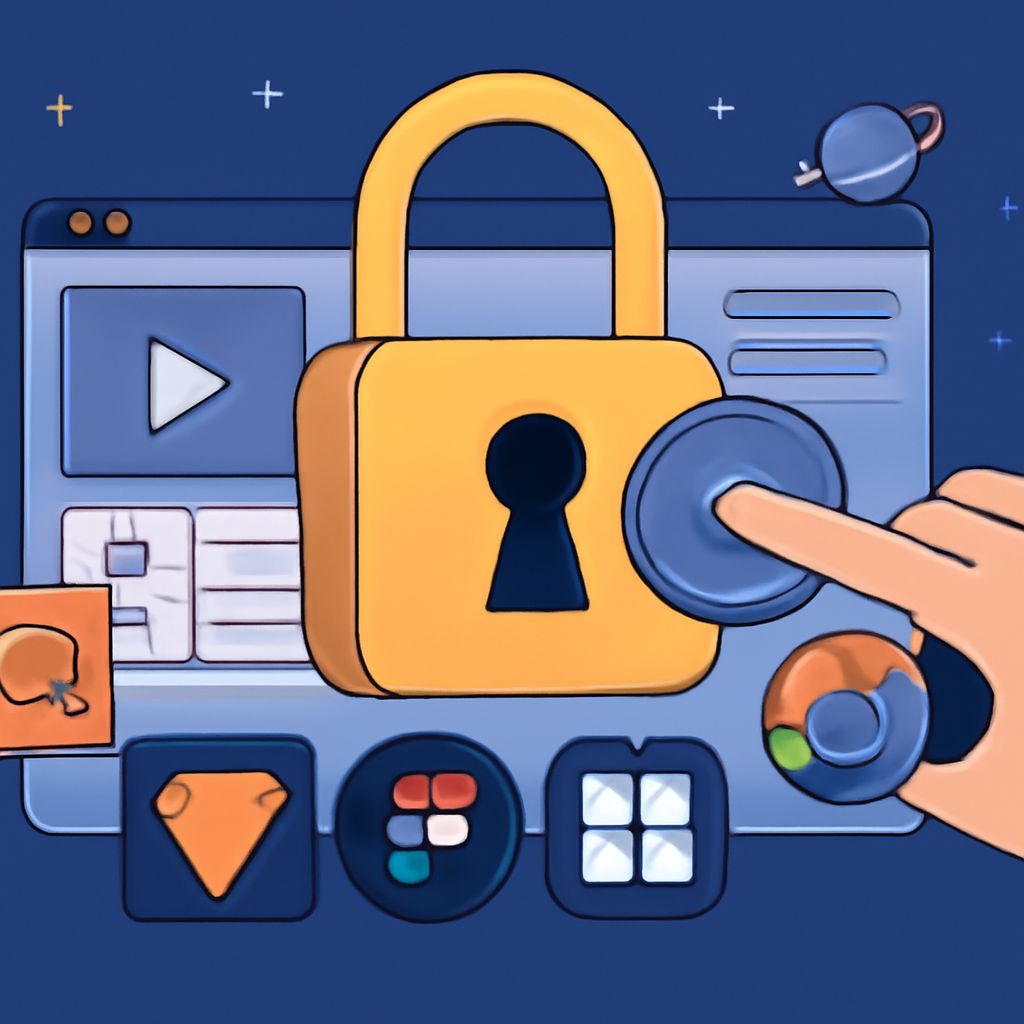 A hand presses a blue button on a digital interface featuring a yellow padlock and various design tool icons.