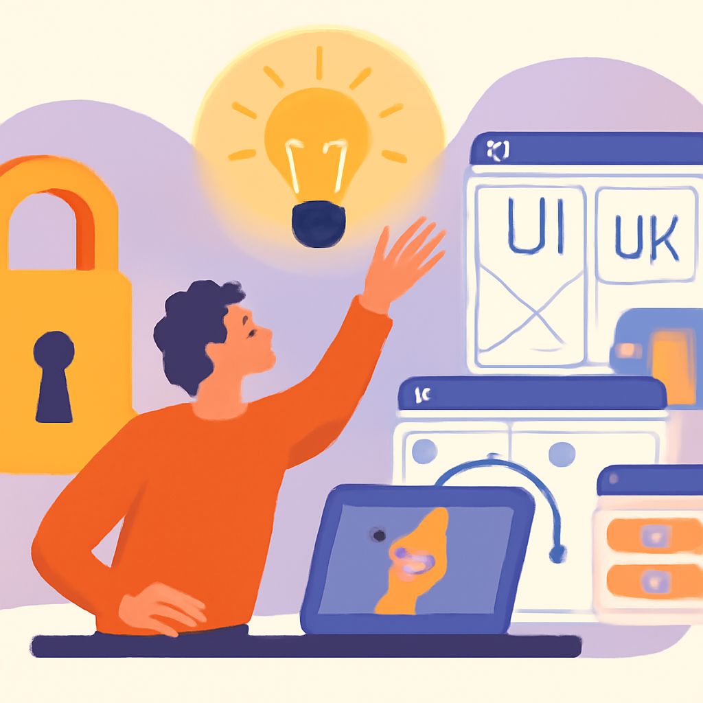 A person in an orange shirt raises their hand in excitement, surrounded by design tools, a padlock, and a glowing light