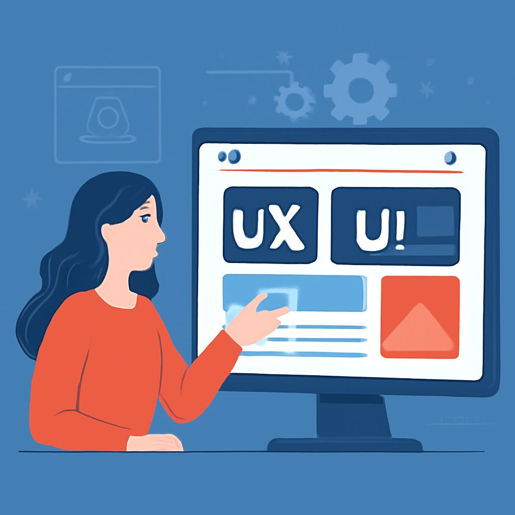 A woman with long dark hair gestures towards a computer screen displaying UX design elements on a blue background.