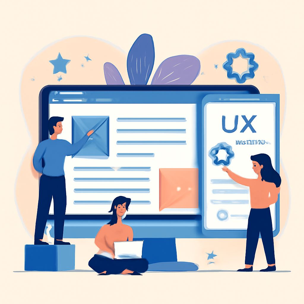 A man points at a blue square on a large computer screen while a woman gestures towards a UX design, with another woman