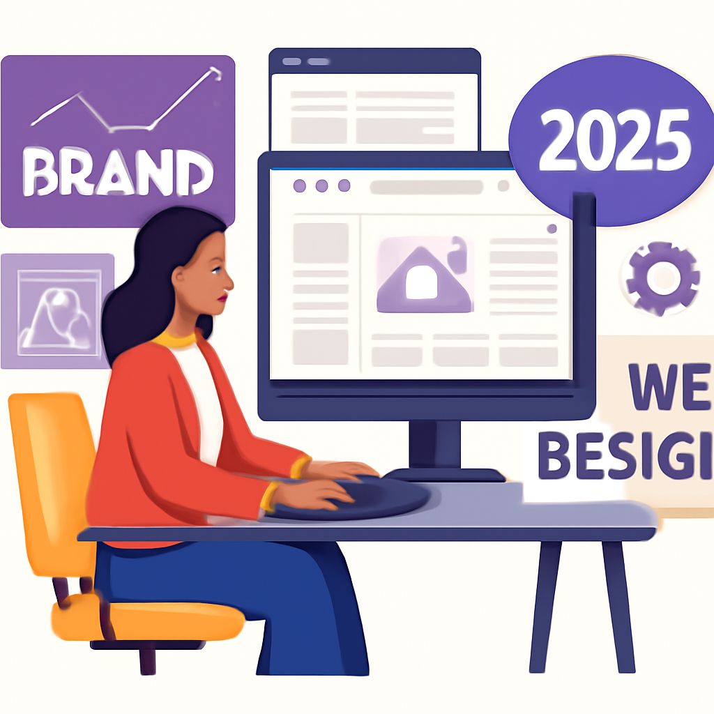 A woman in a red jacket works on a computer, surrounded by design elements and the year "2025" prominently displayed.