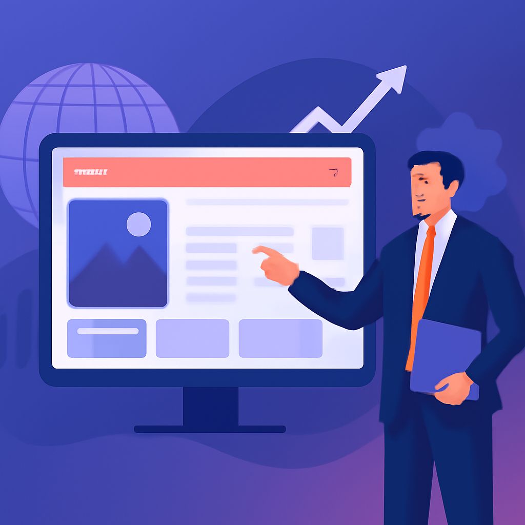 A man in a suit points at a computer screen displaying a web design layout with graphs and a globe in the background.