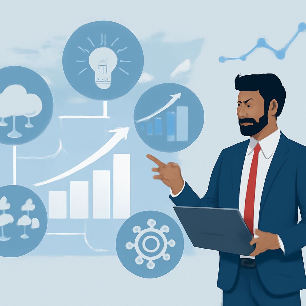 A businessman in a suit holds a laptop while gesturing toward various growth and innovation icons on a light background.