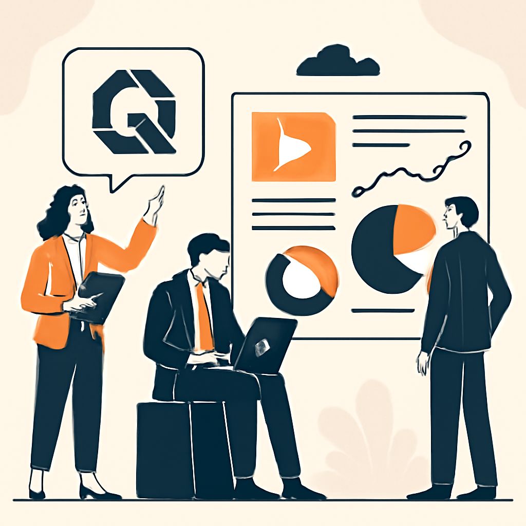 A woman in an orange blazer presents data on a screen while two men observe, one seated with a laptop.