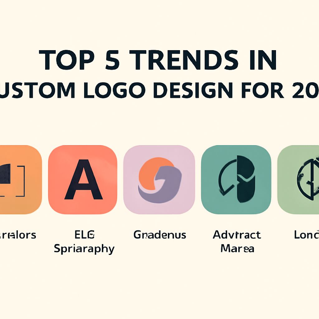 Five colorful logo designs are displayed, each representing a trend in custom logo design for 2025.