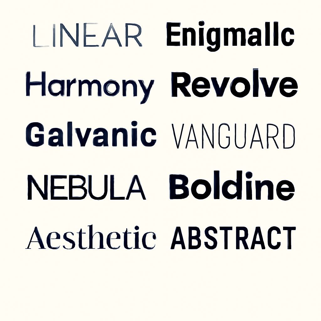 A collection of trendy font names displayed in various styles and sizes on a light background.
