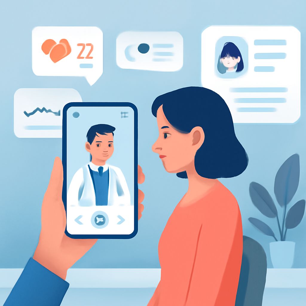 A woman looks at her smartphone displaying a virtual doctor, with health data and notifications in the background.