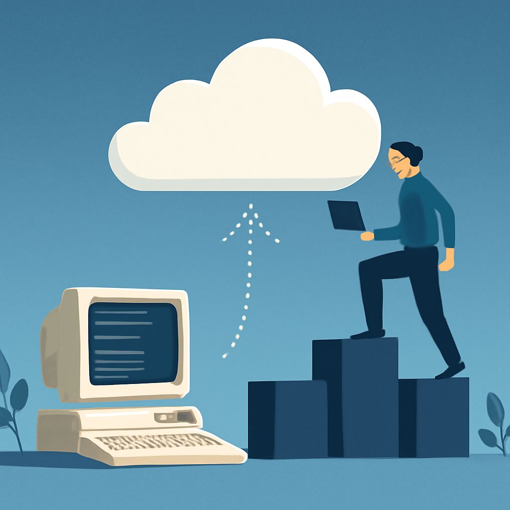 A person stands on blocks, using a laptop to connect an old computer to a cloud above in a blue background.