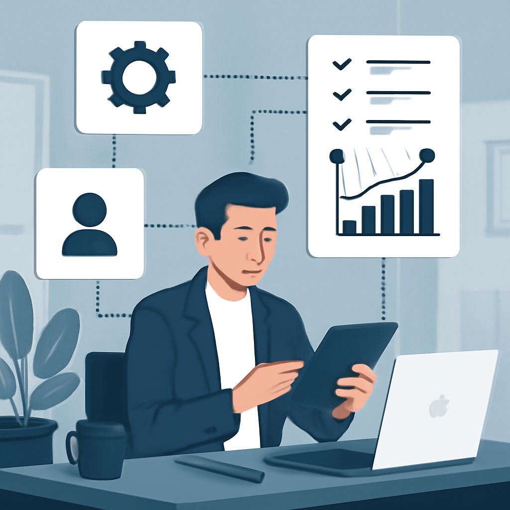A man in a blazer uses a tablet at a desk with a laptop, surrounded by icons representing productivity and analytics.