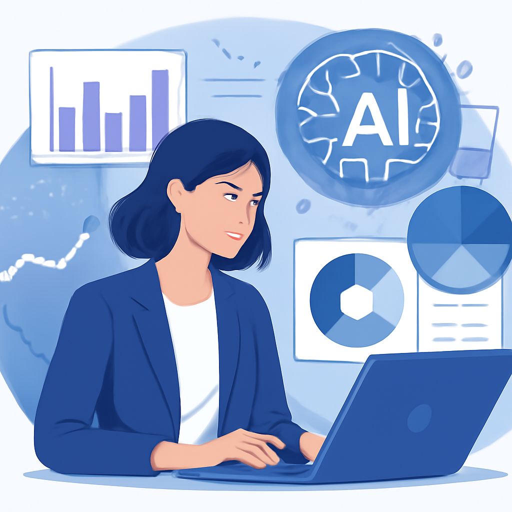 A woman in a dark blazer analyzes data on a laptop, surrounded by graphs and an "AI" graphic in a blue-themed workspace.
