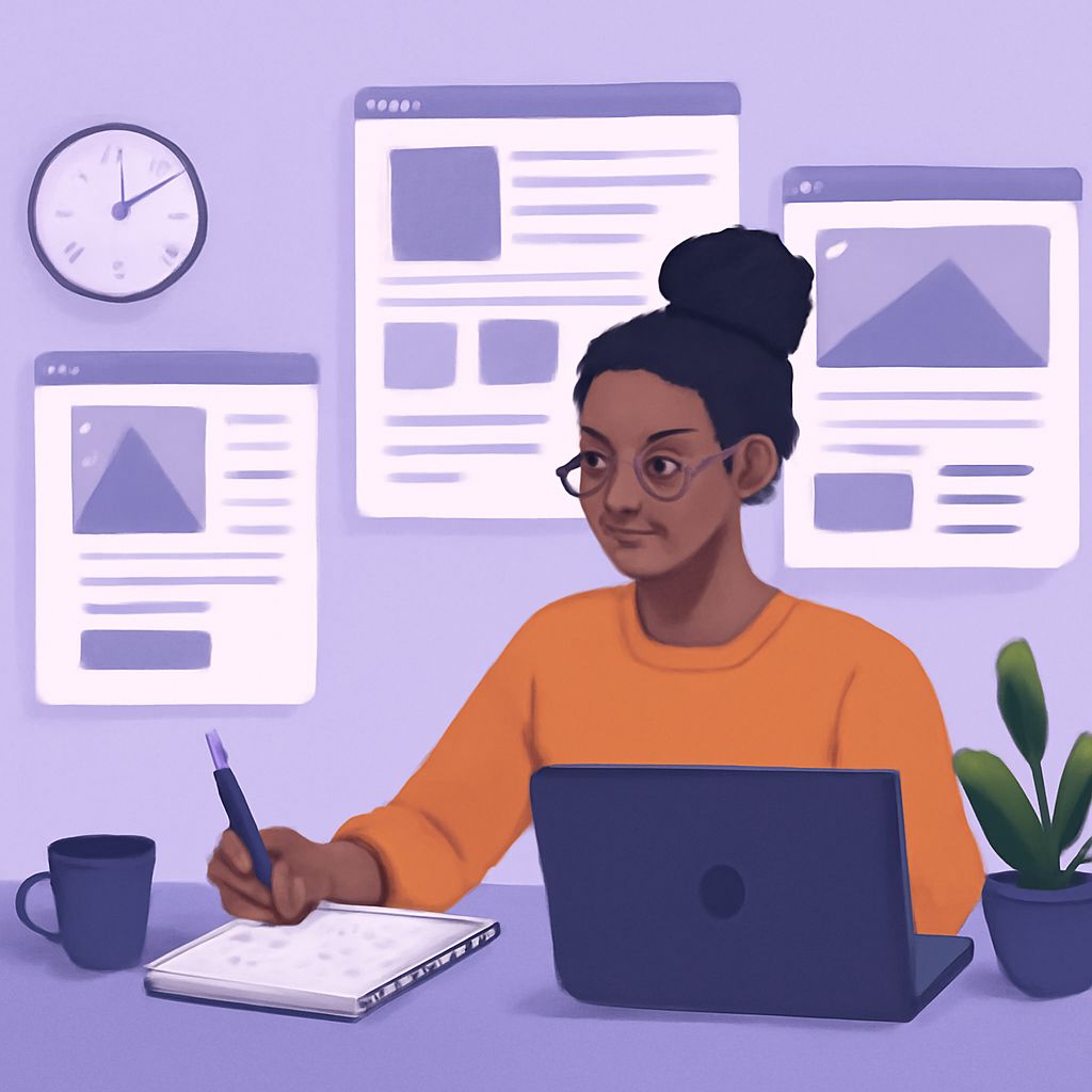 A woman in an orange sweater sits at a desk, writing in a notebook with a laptop and a coffee mug nearby.