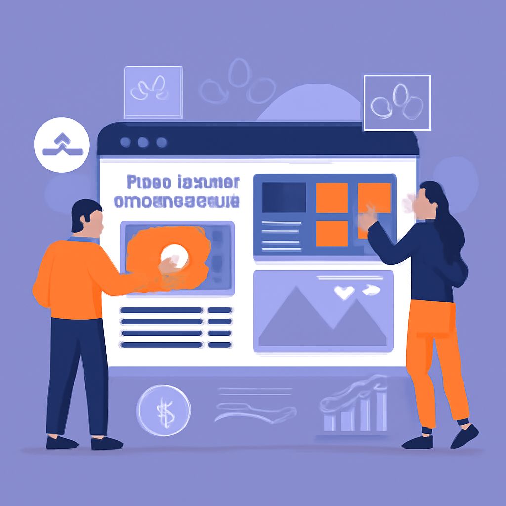 Two people interact with a digital webpage design featuring colorful sections and icons, set against a purple background