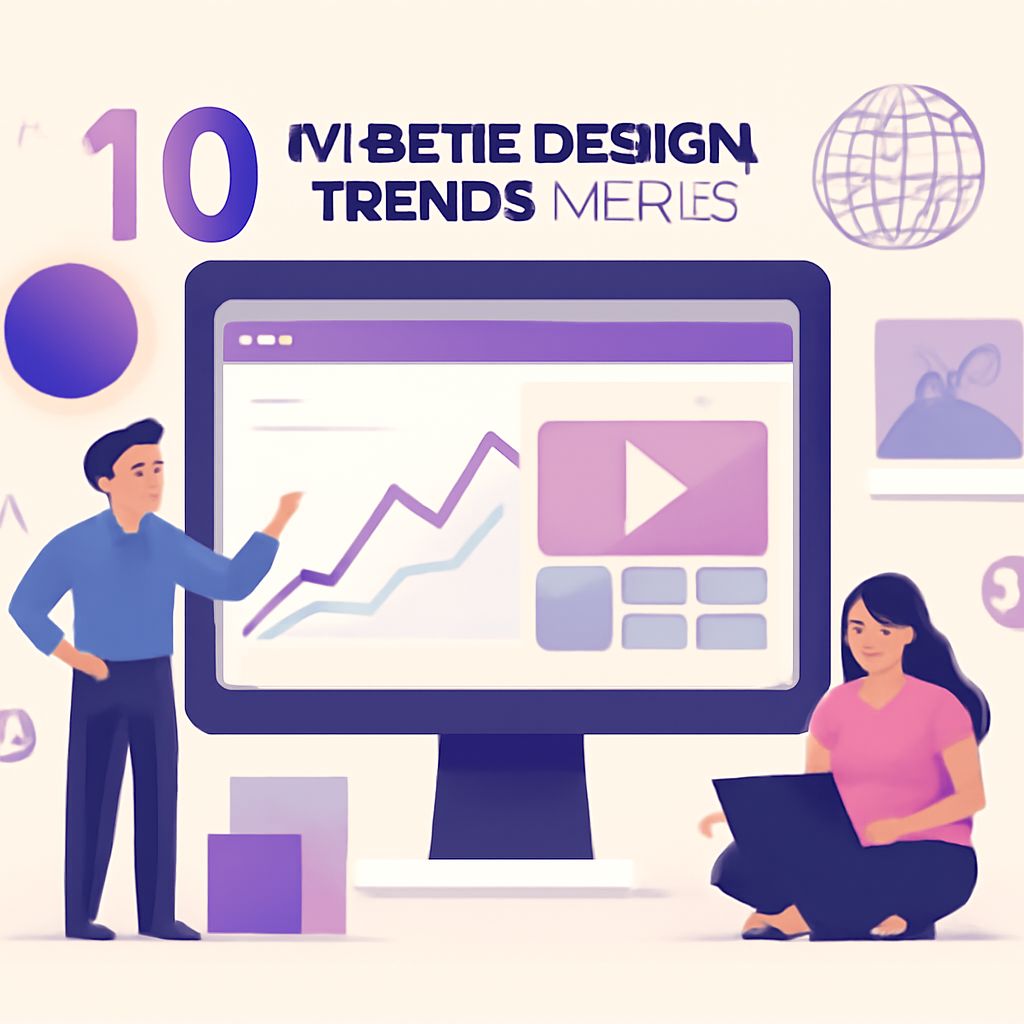 A man gestures towards a computer screen displaying graphs and video icons, while a woman sits with a laptop.