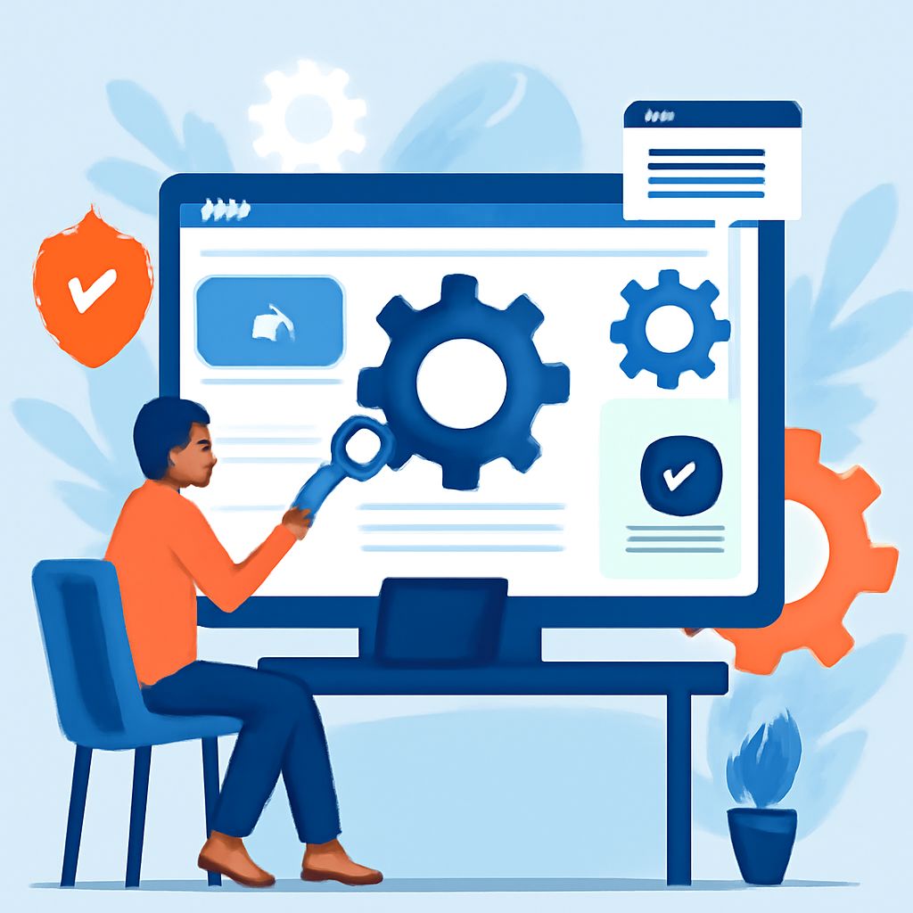 A person in an orange shirt uses a tool to adjust gears on a large computer screen while seated at a desk.