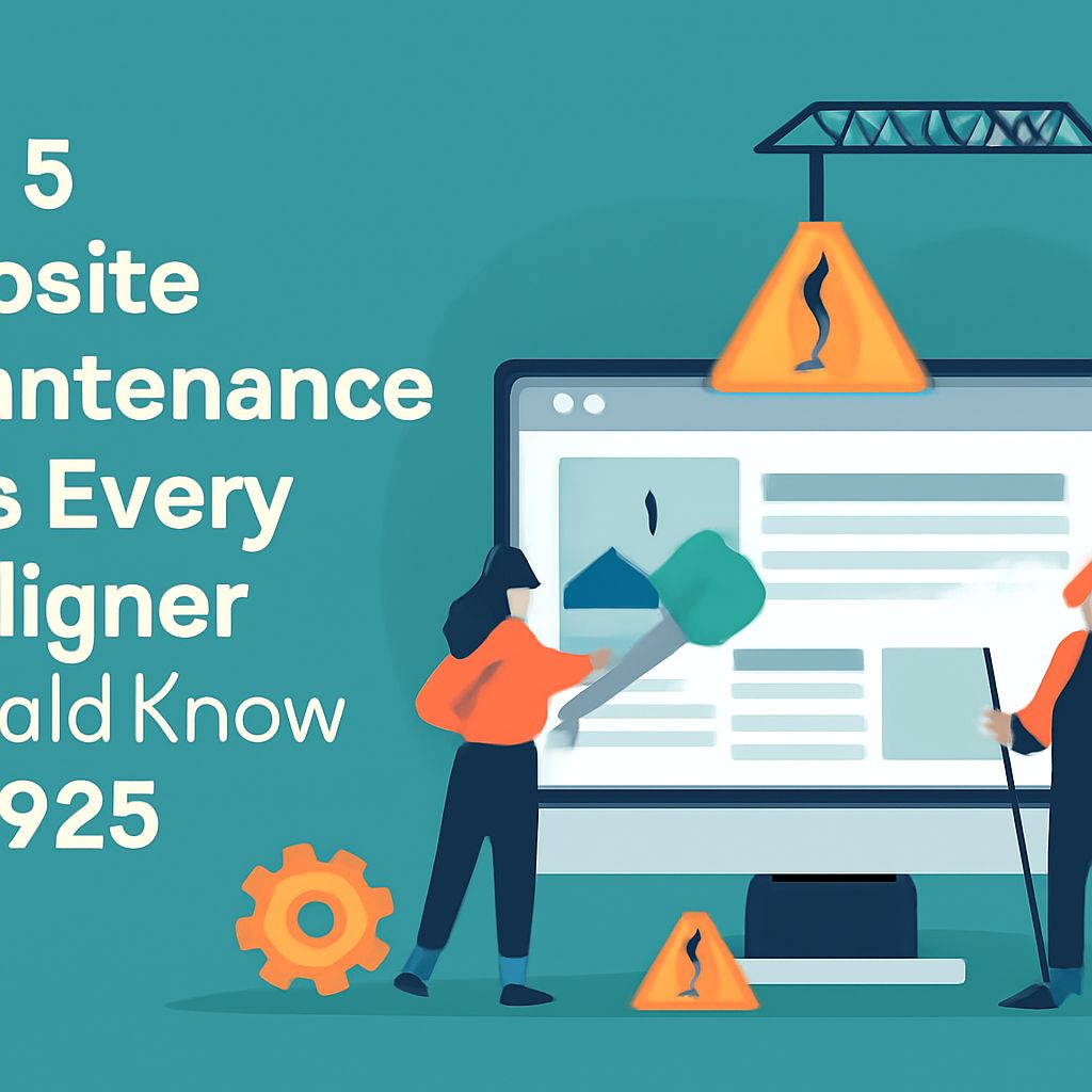 Two characters work on a large computer screen, painting and fixing a webpage, with warning signs and gears in the backg