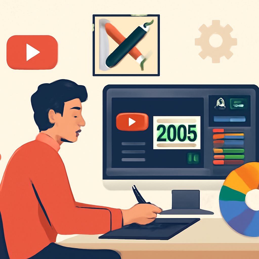 A young man in a red shirt works at a computer displaying YouTube analytics and design tools.